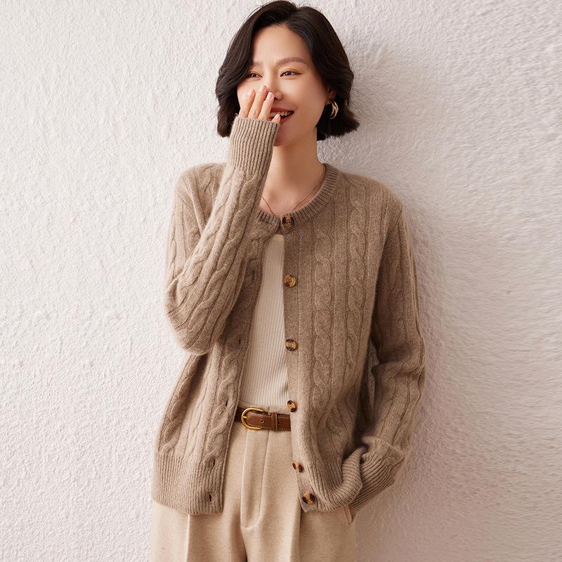 Women's Thick Cable Knit Cashmere Cardigan - Autumn/Winter Round Neck Loose Knitwear Jacket