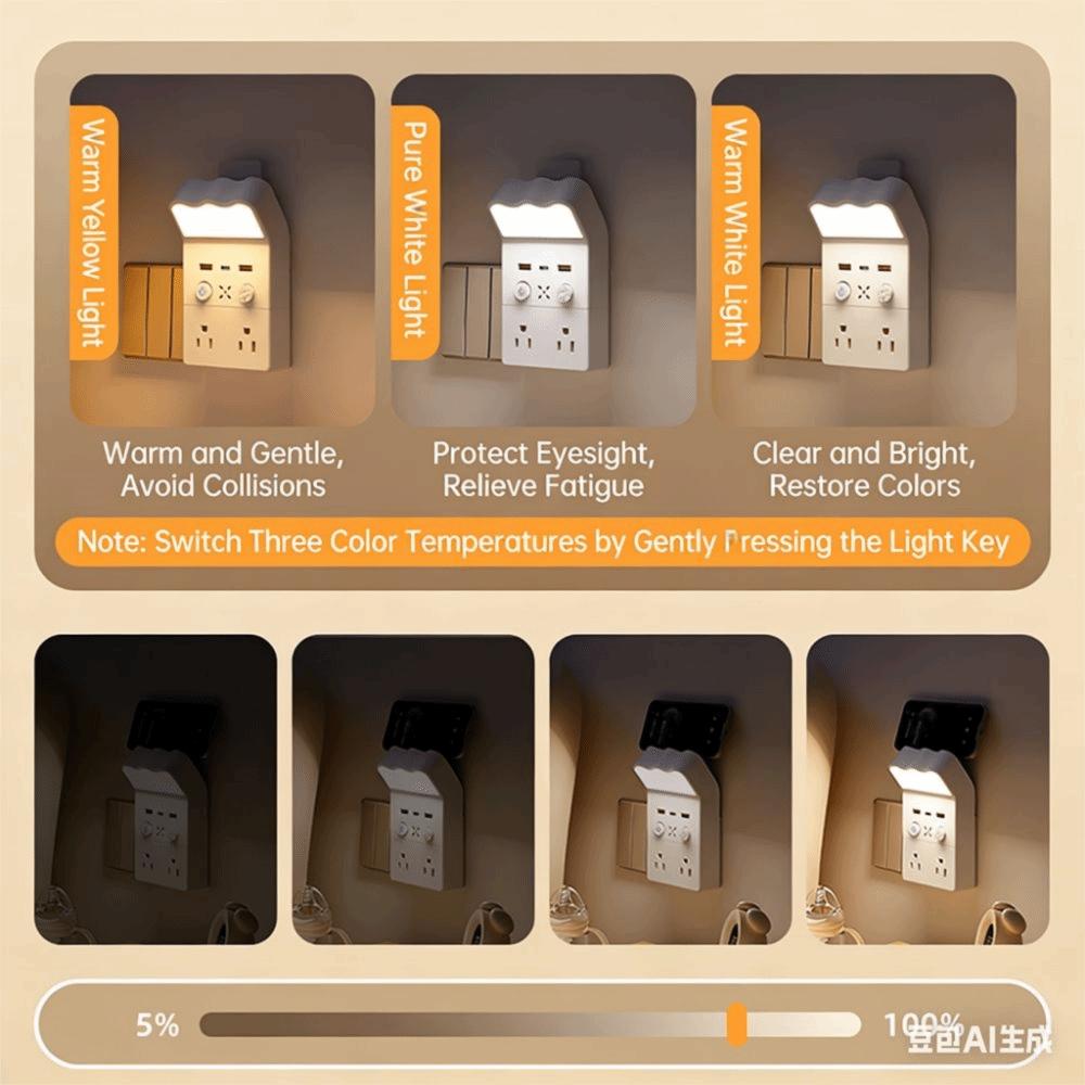Universal Socket Night Light Socket Converter 1Type C & 2USB-A Warm White LED Socket Wall Lamp Square US/UK/EU Plug