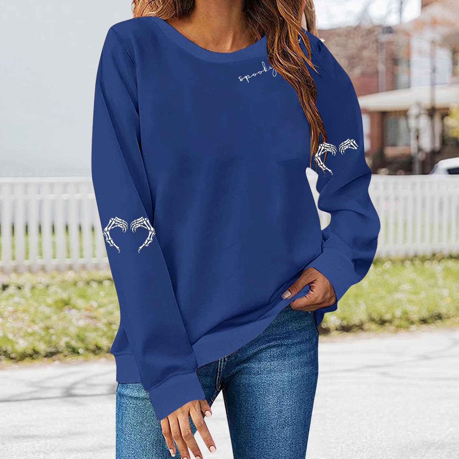 

Женский свободный удобный повседневный модный свитшот с длинными рукавами и принтом на Хэллоуин XL синий