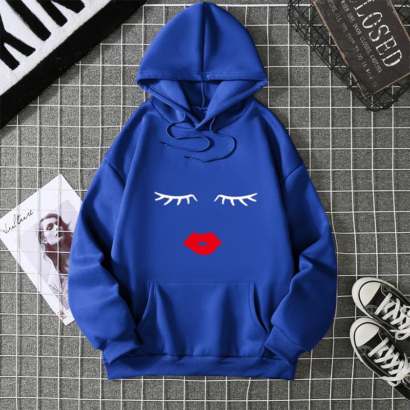 Pretty Cute Eye Lashes Red Lips Print Women Hoodie Summer Short Sleeve O Neck T-shirt Ladies White Hooded Sweatshirt
