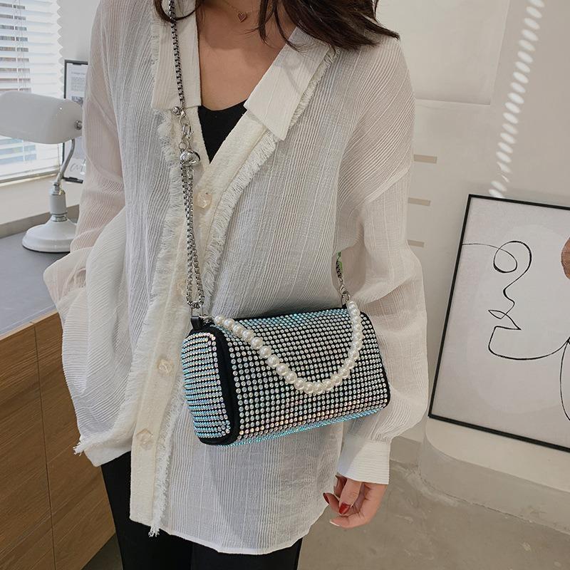 Popular Bright Diamond Small Bag Women's New Niche Chain Messenger Bag Pearl Portable Pillow Bag