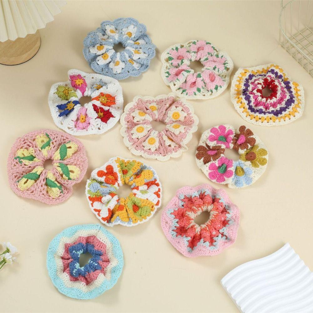 Bohemian Style Knitted Hair Rope Flores Ponytail Hair Band Crocheted Flower Scrunchies  Women