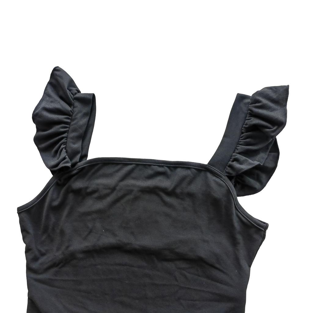 New Pure Desire Style Ruffled Hem Fitted Dress Women's Square Neck Wide Strap Backless Short Bodycon Dress Slimming Black Dress for Date Night Outfit