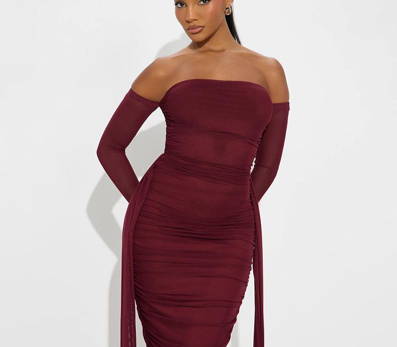 J25DS416 Elegantes einärmeliges plissiertes Netz-Langarmkleid für Damen
