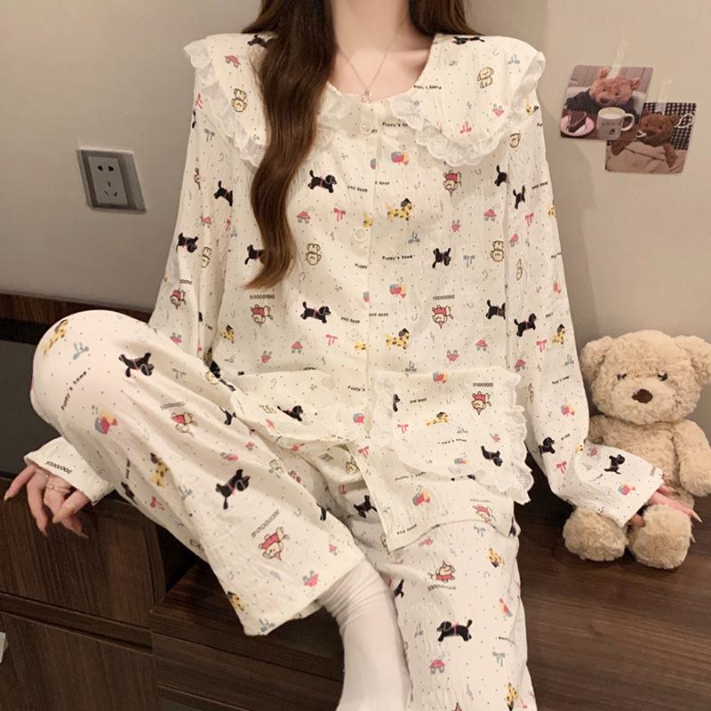Women's Cartoon Lace Peter Pan Collar Cotton Pajamas - Long Sleeve, Spring/Fall, Winter Style