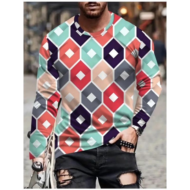 T Shirts for Man Geometric Block 3D Print Autumn Long Sleeve T-Shirt Pullover Casual Male Tops Street Lightweight Men's Clothes