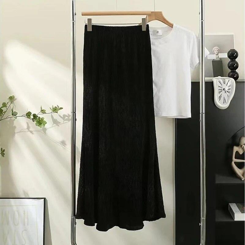 Qooth Women Retro Velvet Trumpet Skirt Temperament Elastic Waist Long Hip Wrap Skirt For Autumn Winter QT2250