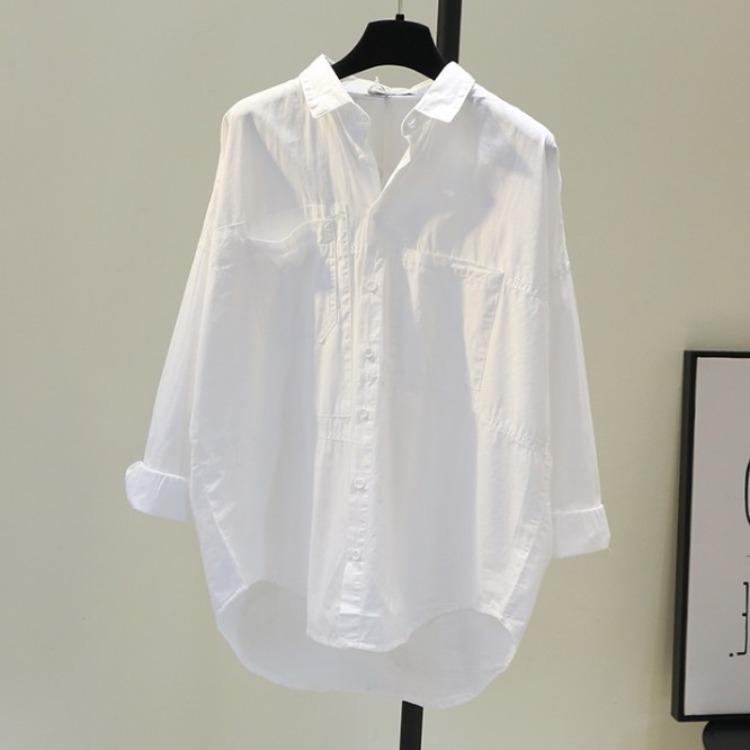Femei cămașă casual cu buzunar dublu față scurt spate lung cămașă albă femei vrac literar BF vânt cămașă casual temperament maree elegant la modă top