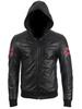 Men's Real Leather Bomber Jacket with Hood (2VQ9) - Black