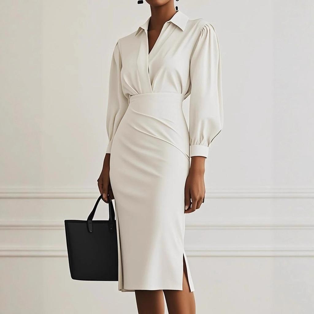 2025 Podzim Jaro Dámské Šaty košilového střihu s výstřihem do V, módní kancelářské dámské, jednobarevné, s dlouhým rukávem, obepínající boky, maxi šaty, černé, Vestidos dámské