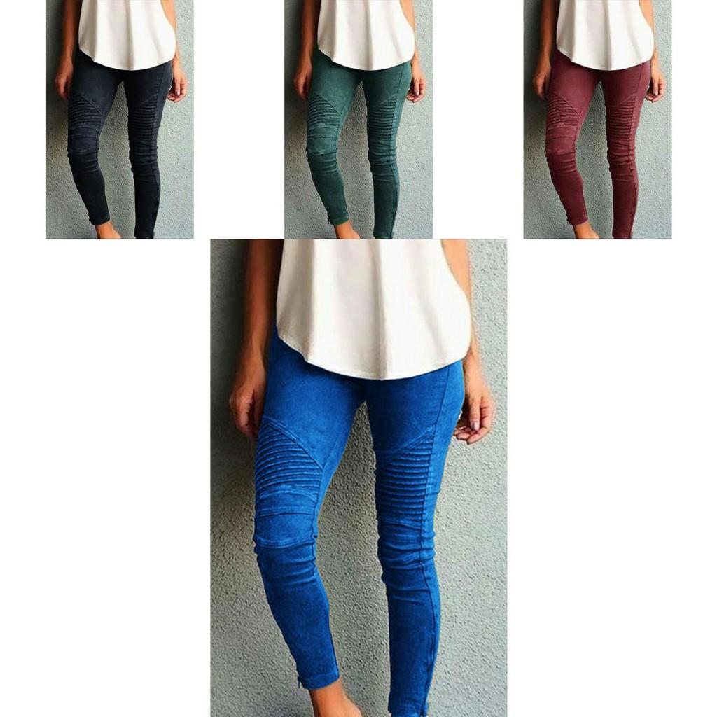 Womens Casual Slim High Elastic Pencil Long Pants Leggings In Vibrant Blue Green And Classic Black