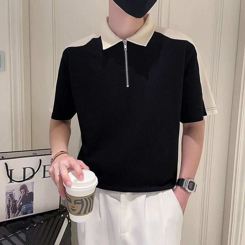 

Мужская одежда Сращенные футболки Отложной воротник Стильная молния Летние Контрастные цвета Базовые Повседневные Футболки-поло с коротким рукавом XXXL