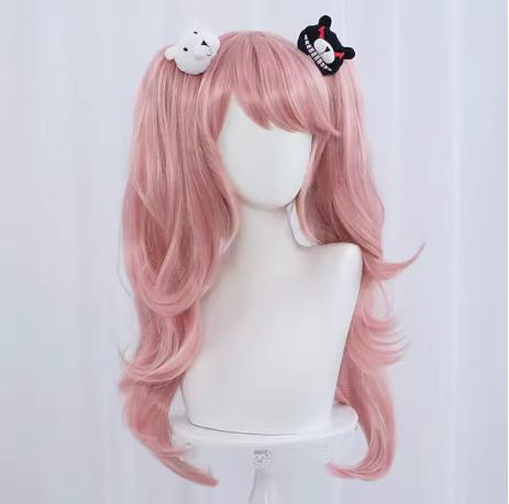Perruque Cosplay Anime Danganronpa Enoshima Junko Rose Longue Ondulée Avec Clip Queue de Cheval Épingles à Cheveux Ours Blanc Noir Cadeau Fille One Size&Dangan Ronpa Danganr