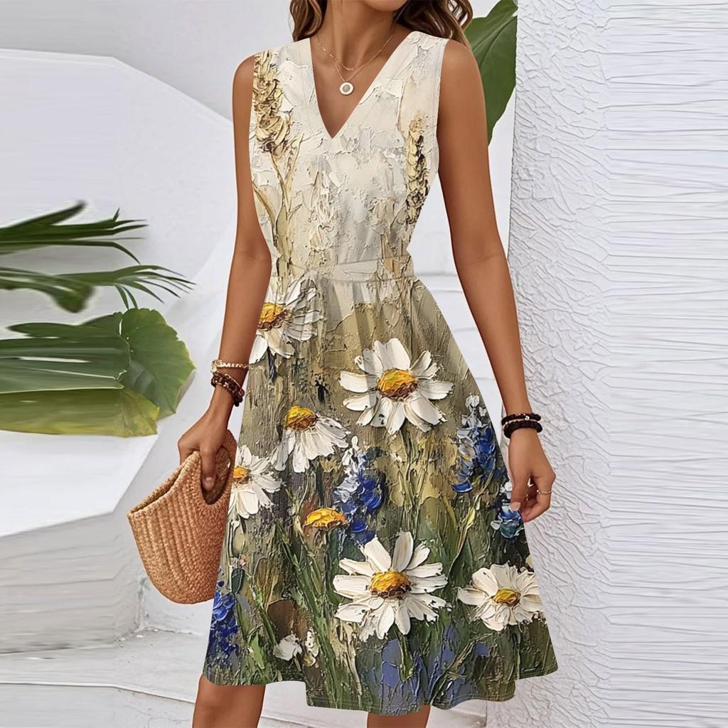 Abito Midi da Donna Casual Primaverile Estivo con Scollo a V Senza Maniche in Vita con Stampa Floreale