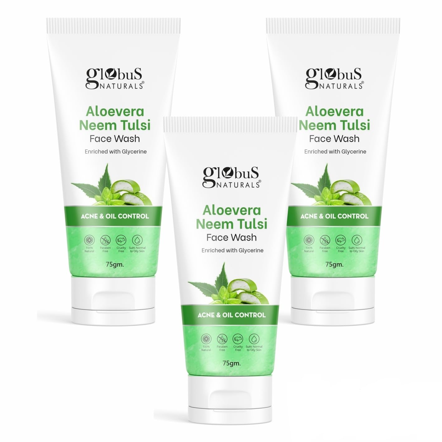 Globus Naturals Aloe vera Neem Tulsi Enriched With Glycerin & Oil Control Formula Men & Women All Skin Types Face Wash 75gm (Pack of 3)