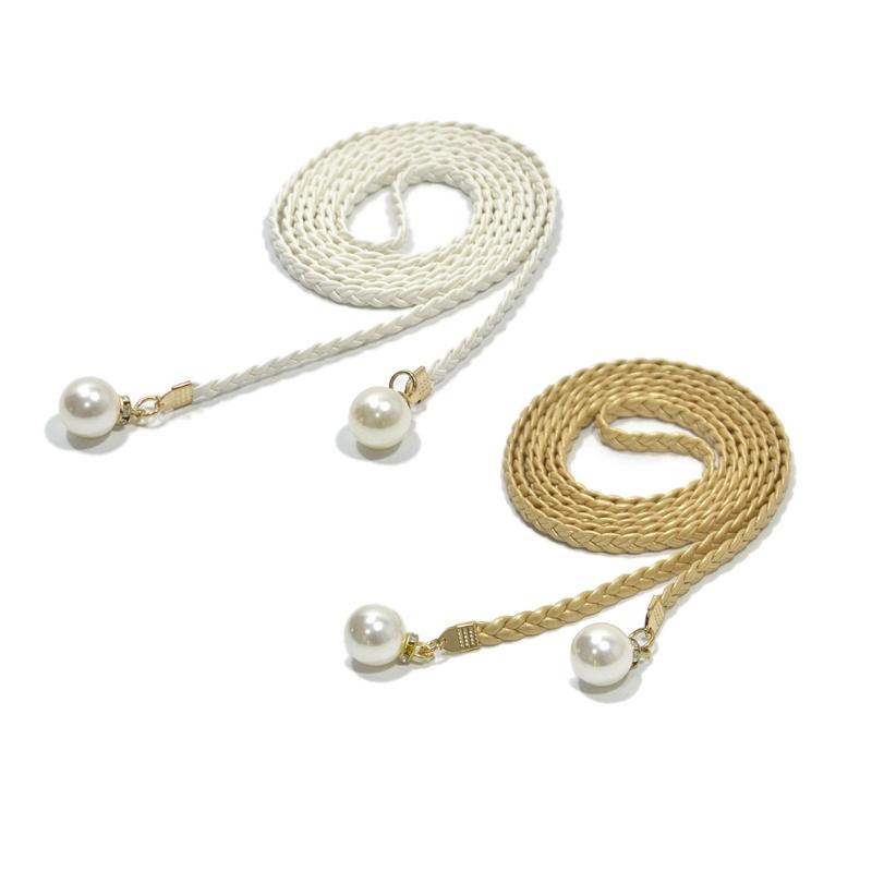 2Pcs Fashion Woven Waist Rope Adjustable Laceup Waist Belt with Pearls Decors for Women Dresses and Skirt All Matching
