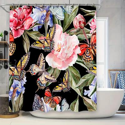 Luxury Butterfly Flowers Shower Curtain Watercolor Design Waterproof Bathroom Decor Pink Red Yellow Floral Print Black Backgroun
