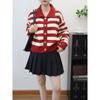 Retro contrasting color striped lapel knitted cardigan autumn and winter new design loose sweater jacket women