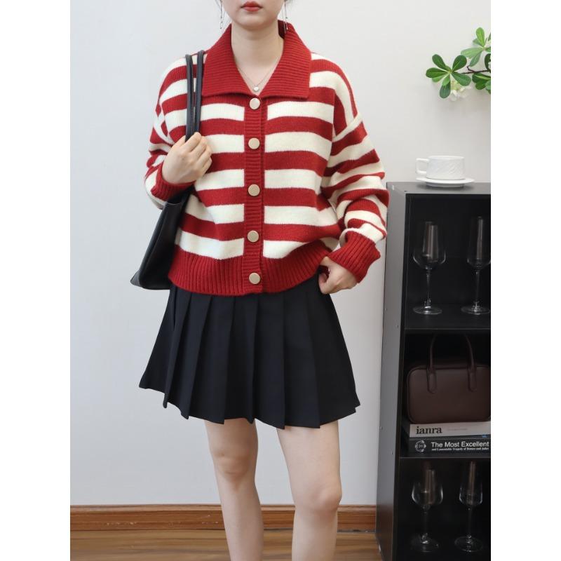 Retro contrasting color striped lapel knitted cardigan autumn and winter new design loose sweater jacket women