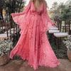 Vestidos hasta el suelo plisados ​​con manga de murciélago estampado y cuello en V profundo halter informal de verano para mujer
