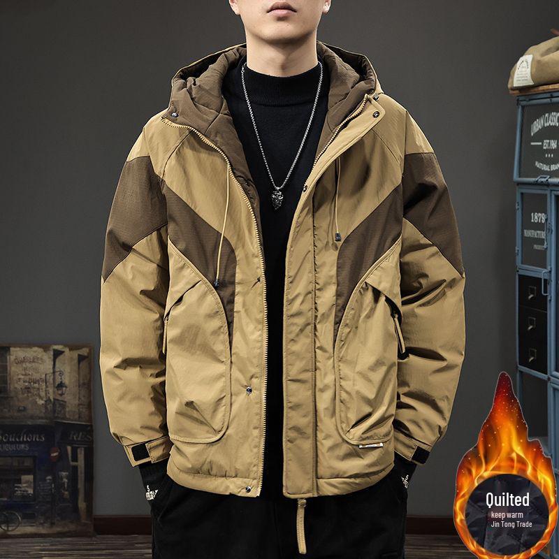 2025 Winter Men's Trendy Color Block Hooded Cotton Jacket: Loose Fit Casual Workwear Outerwear