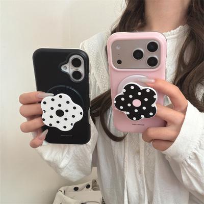 Cute Kawaii Polka Dot Flower Phone Case For iPhone 17 16 15 14 Pro Max Black Pink Magnetic Grip Stand Protective Cover for Girls