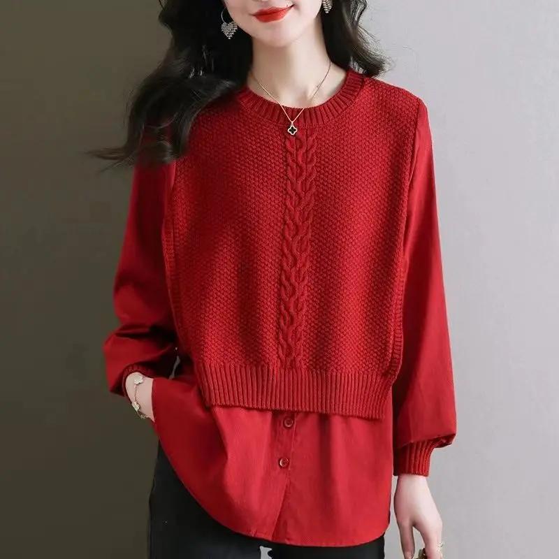 Sweater Fake Two Piece Top Stylish Shirt Luxury New Round Neck Fashion Knit