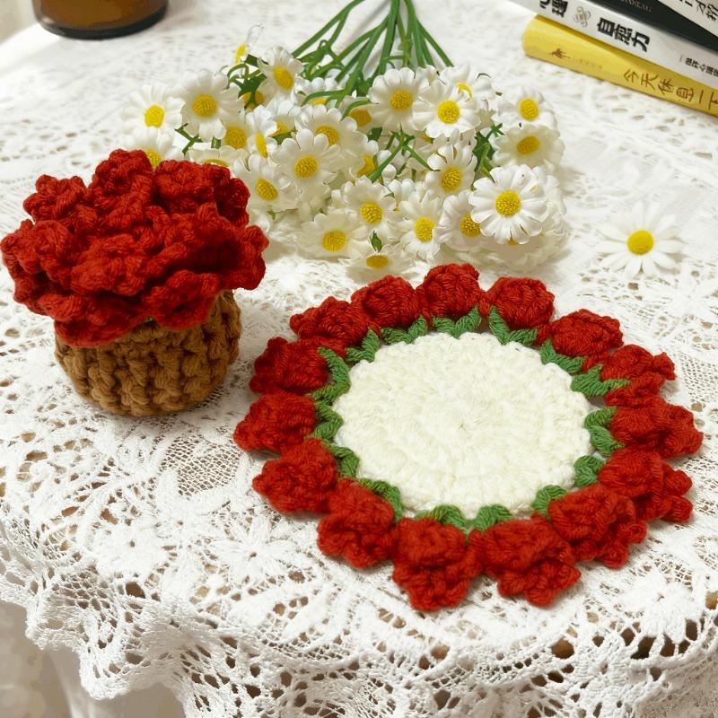 Sottobicchiere Fatto a Mano a Forma di Rosa Lavorato a Maglia, Sottobicchiere Floreale Carino, Fioriera all'Uncinetto, Decorazione in Tessuto Stile Bohémien, Decorazione da Tavola, Sottobicchiere Durevole