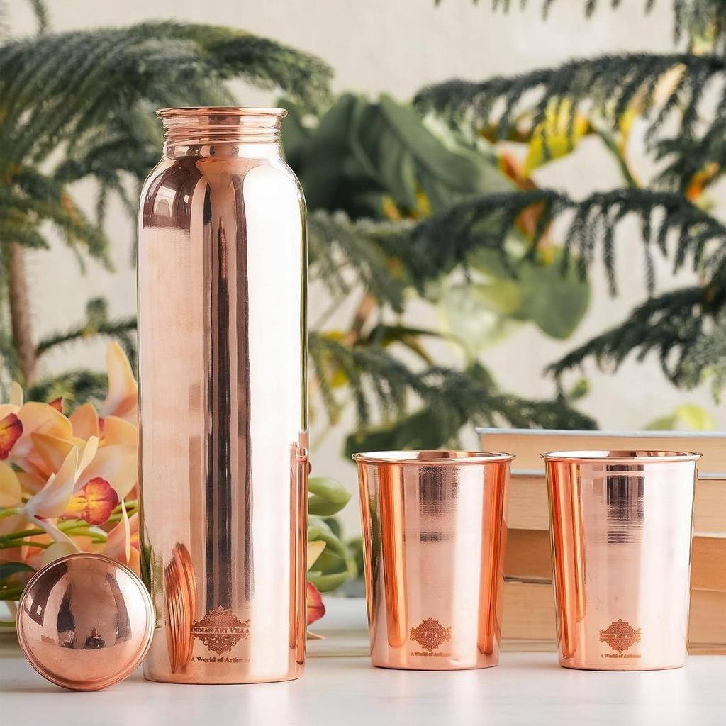 Copper Drinkware Gift Set of Plain Shine Finish Design 1 Bottle & 2 Glass with Gift Box, Gift Item for Diwali, Bottle-900 Ml & Glass-275 Ml