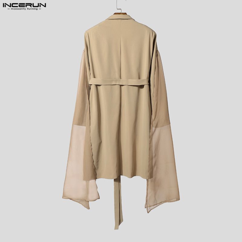 INCERUN Herren Langarm Gürtel Mesh Patchwork Unregelmäßig Lässig Dünne Lange Mäntel