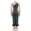 Mode Damen Kleid Eine Schulter Mesh Diamant Feder Bandage Kleider