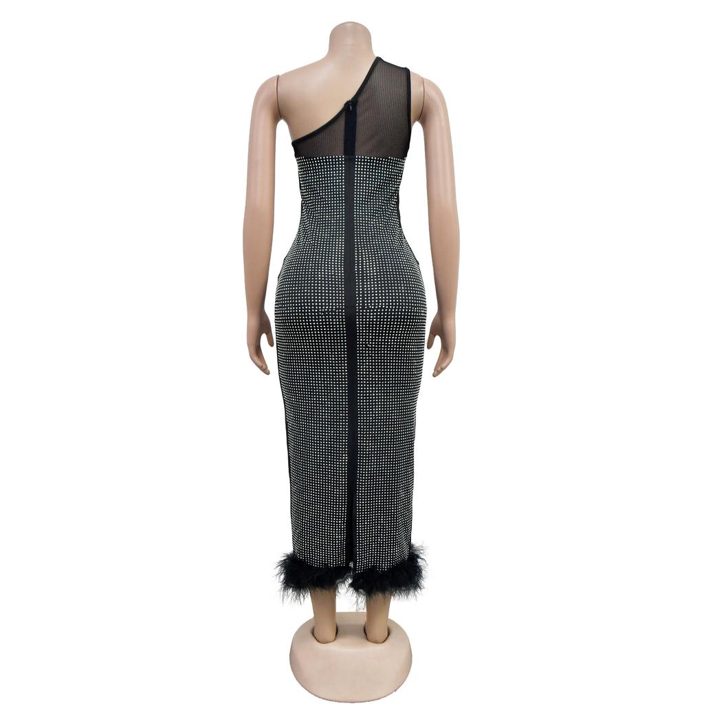 Mode Damen Kleid Eine Schulter Mesh Diamant Feder Bandage Kleider