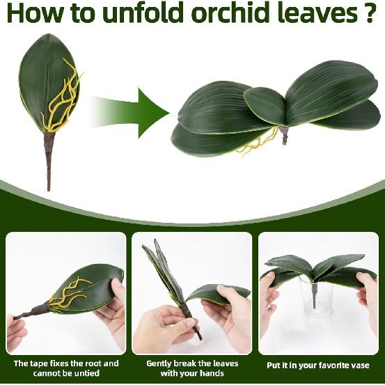 3PCS Artificial Orchids Leaves - Lifelike Fake Phalaenopsis Orchids Leaves with Plant Root, Green Leaf Plants for Flowers Arrangements Pot Shelf