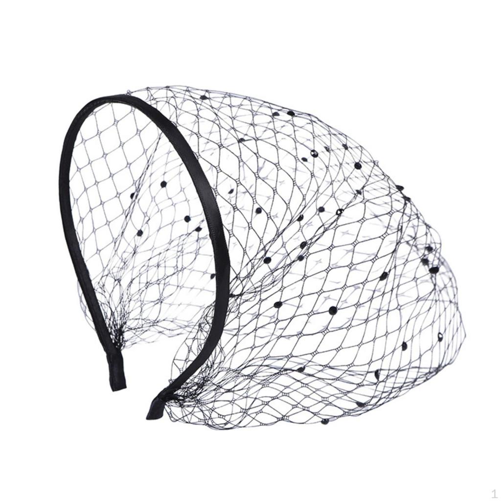 Black Birdcage Face Covering Headband | Elegant FaceFraming Design, Sparkling Rhinestone