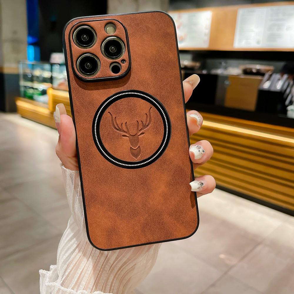 iPhone 16 Magnetic Cloth Texture Phone Case - Full Coverage Elk Design, Drop-Proof for Apple 14/15/17 Pro Max