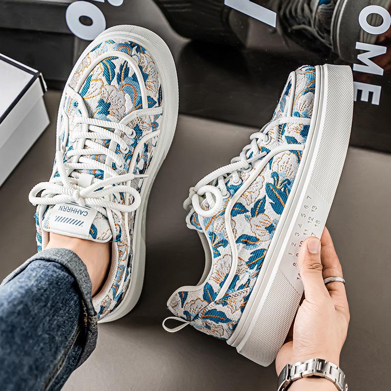 Spring Shoes for Men Canvas Casual Platform Shoes Trend Flowers Print Flat Skateboard Shoes Youth Lace-up Sneaker