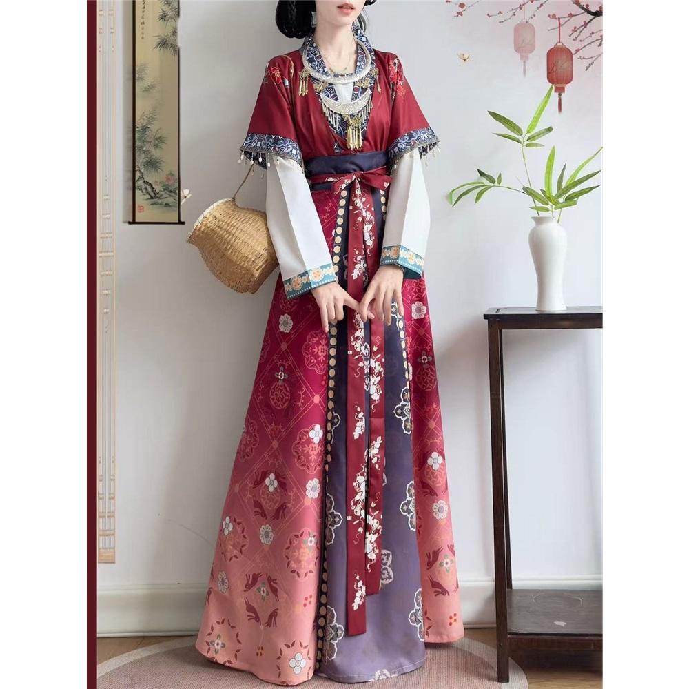Chinese Tang Dynasty Beizi Hanfu Set, Printed Cardigan Ethnic Style One-Piece Waist Skirt Daily Wear