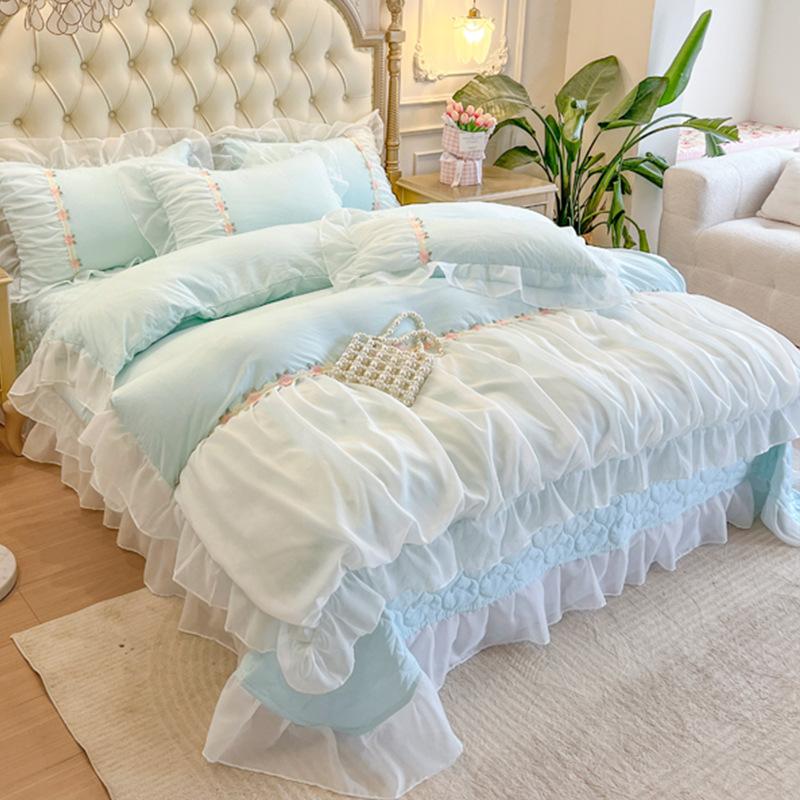 Light Luxury French Chiffon Side Bed Set Four-piece Set Washed Skin-friendly Breathable Bed Sheet Quilt Cover Pillowcase