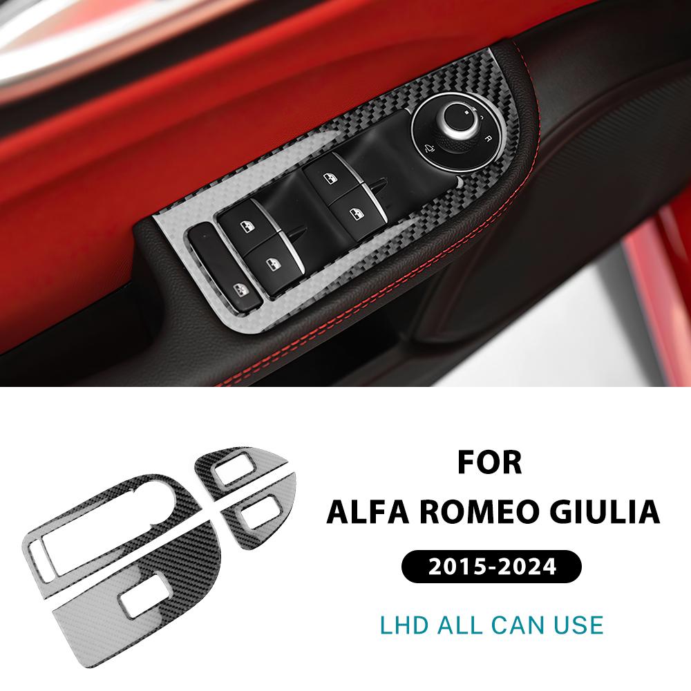 

For Alfa Romeo Giulia 2015-2024 Window Switch Lifter Panel Trim Frame Sticker Carbon FIber Car Interior Decoration Accessories LHD Black