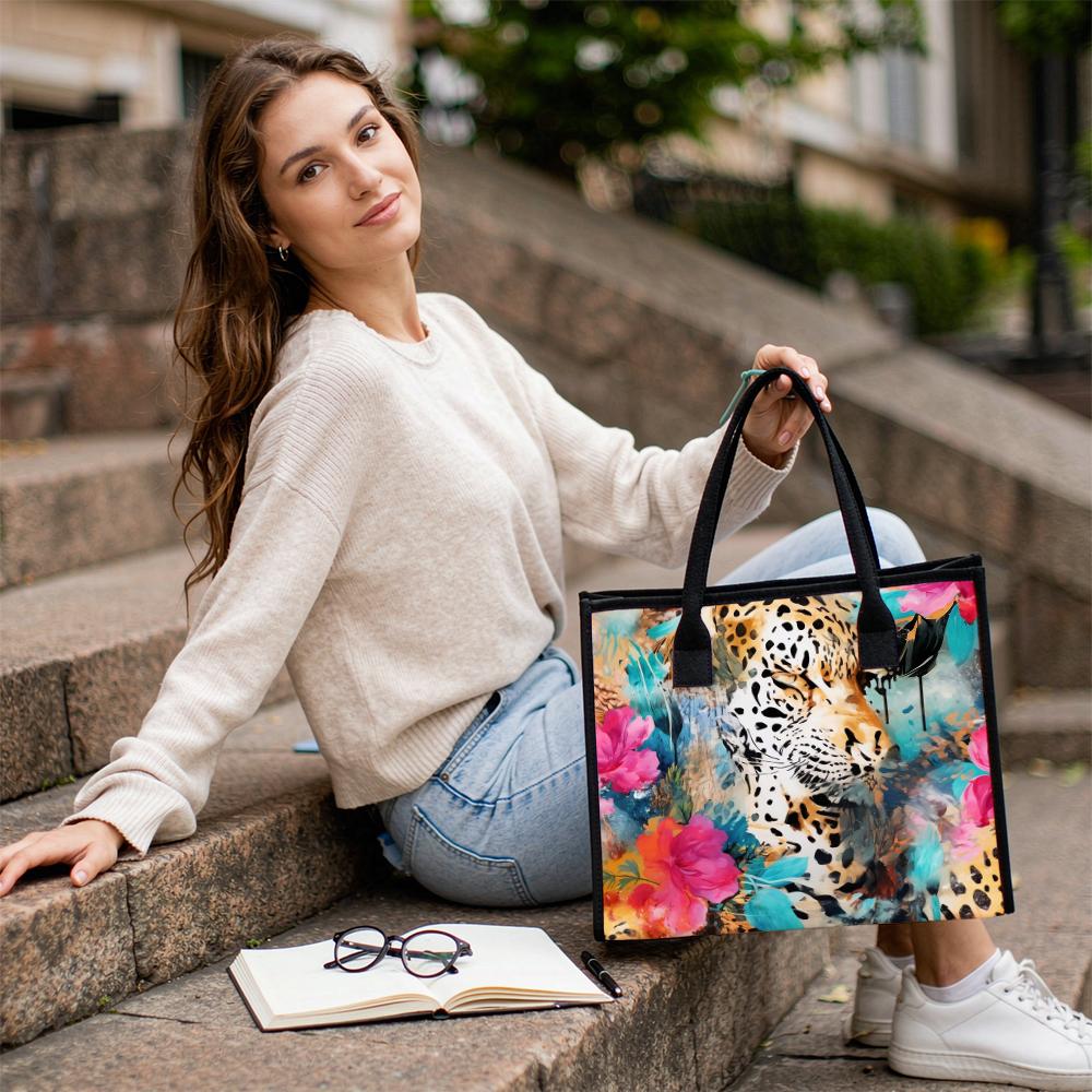 Watercolor Leopard Floral Print Large Tote Bag Fashion Casual Daily Shoulder Handbag