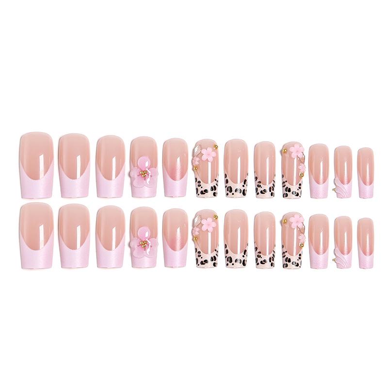 24-Piece Pink French Medium Tube Nail Tips with 3D Flowers & Leopard Print