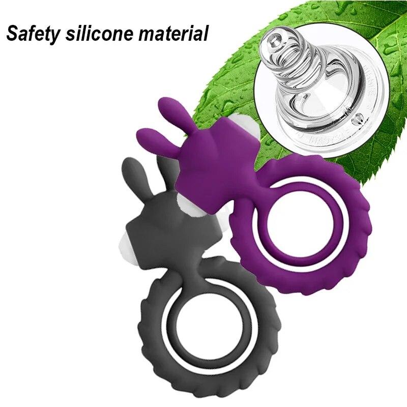 Unisex Double Vib Powerful Soft Silicone Dual Vibrating Cock Ring Penis Ring Double Rings for Couples Enhancing Harder Erection
