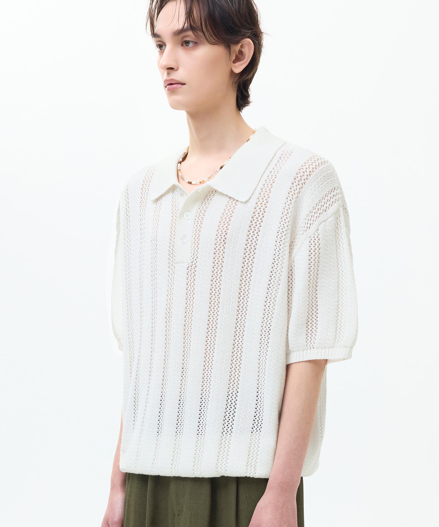 Trillion Striped Curly Button Collar Short Sleeve Knit [Ivory] Ivory/L
