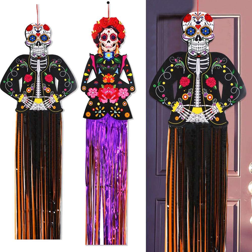 Tag der Toten Skelettmann Quastenanhänger Halloween Deko Türhänger Bemalter Schädel für Zuhause Hof Terrasse Hängeflagge