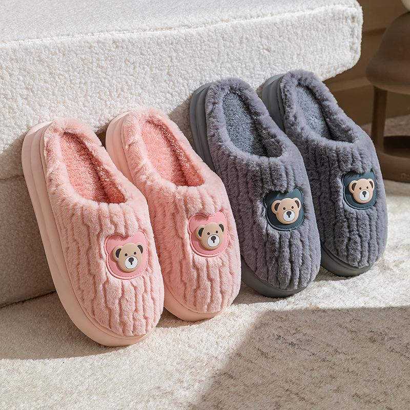 Home cotton slippers winter indoor thick bottom non-slip velvet warm couple bear pattern light cotton slippers