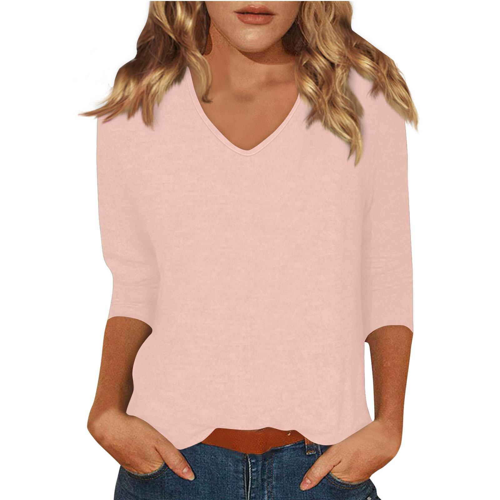 

Женская модная повседневная однотонная футболка с v-образным вырезом и рукавами 3/4, топ XXXL светло-розовый