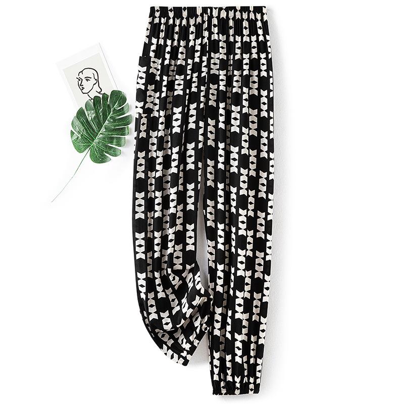 Pantaloni de pijama din bumbac mătase pentru femei, secțiune subțire de vară, anti-țânțari, pantaloni cu picior lat, culoare uni, pentru exterior, casă, petrecere a timpului liber, imprimeu, pantaloni de plajă până la genunchi