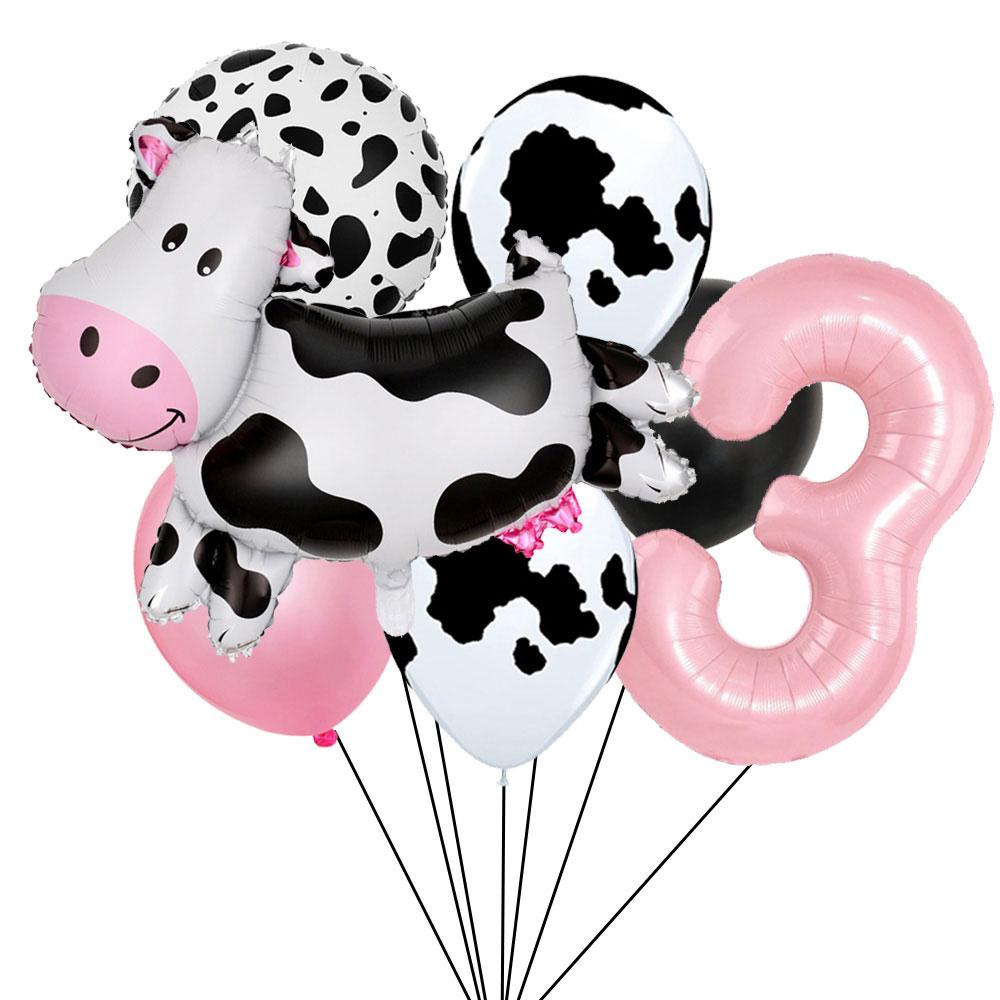 7pcs Cartoon Cow Balloon Pink Digital Balloon Set Baptismal Supplies Children's Gifts Birthday Party Decoration Photography Prop