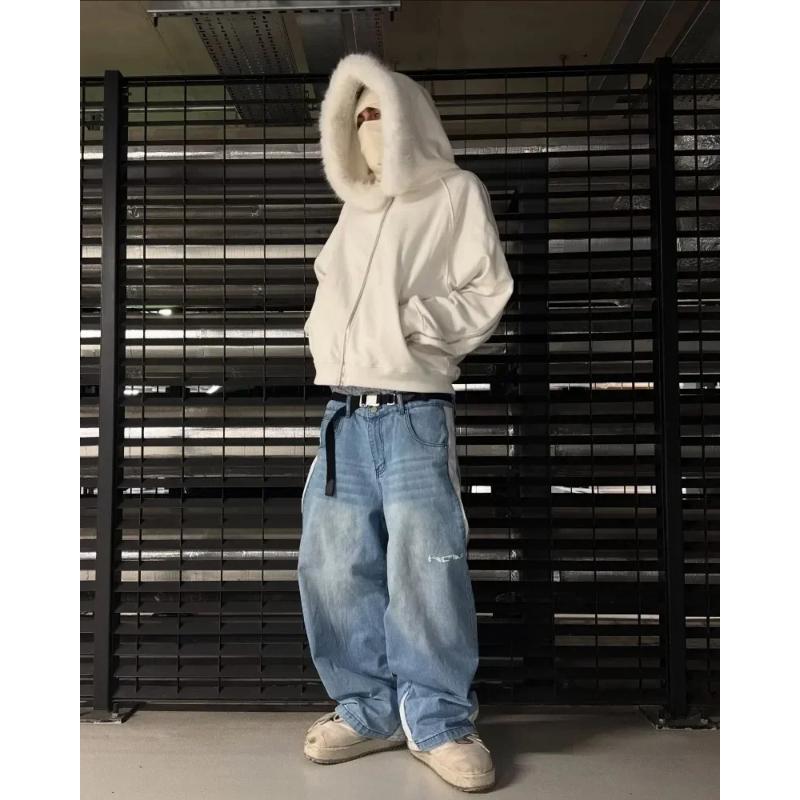 Y2k Hip‑Hop Široké Džíny Pánské Rovné Kalhoty Vintage Patchwork Prané Opotřebované Kapsy Volné Streetwear Džínovina Volné Kalhoty