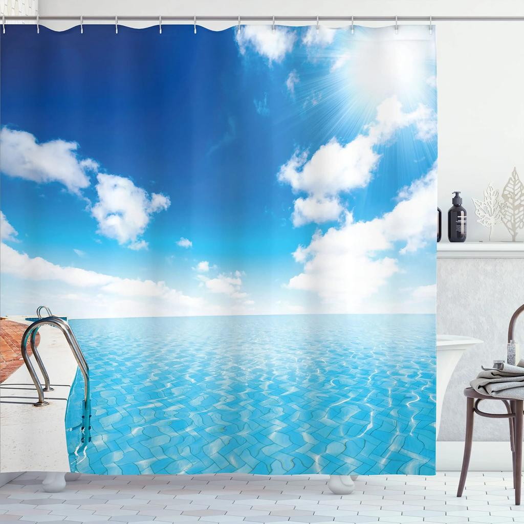 Swimming Pool Printed Shower Curtain Exercise Hobby Leisure Activity Theme Waterproof Fabric Bathroom Decor Screen with Hooks